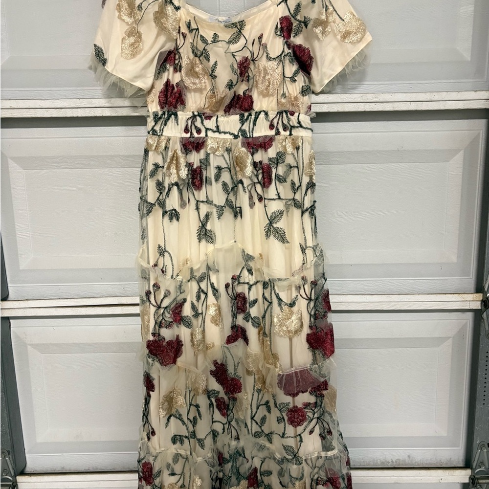 Polagram Floral Embroidered Maxi Dress - Cream, Red, Green